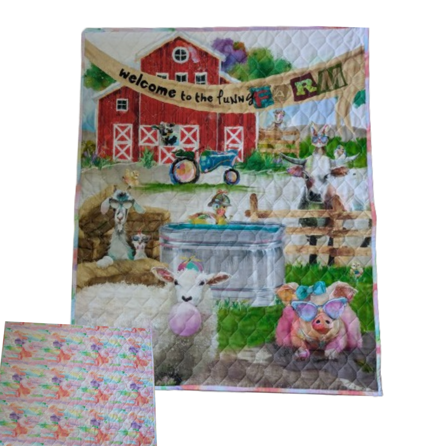 Mooove over bedtime blues! This 100% cotton quilt welcomes your little one to the Funny Farm!