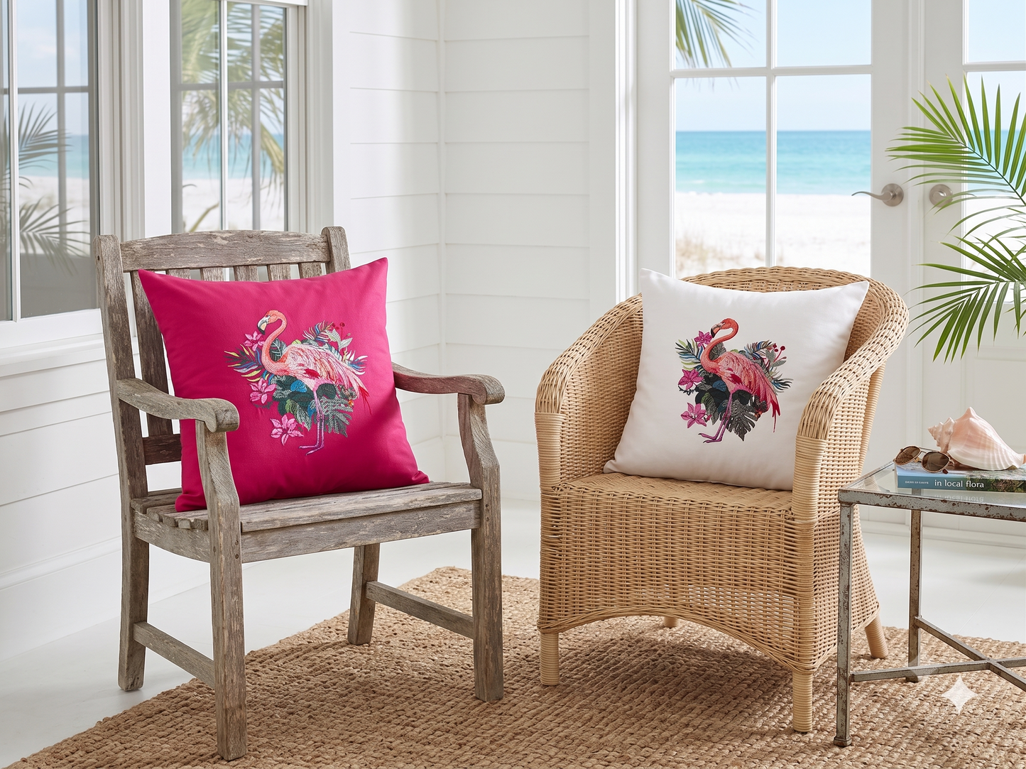 Tropical Flamingo Embroidered Pillow Cover