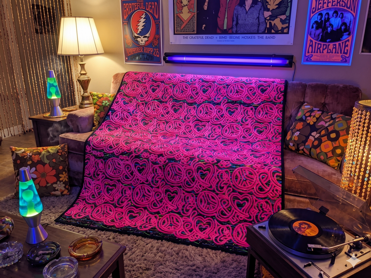Peace & Love Blacklight-Reactive Couched Quilt