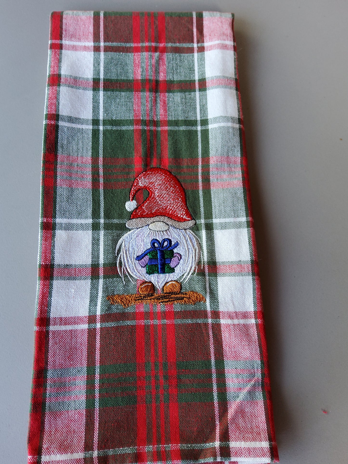 Christmas Gnome Complete with Present Custom Embroidered Dish Towel