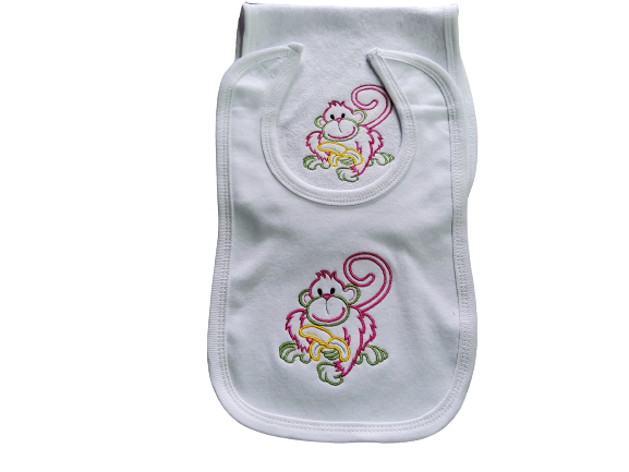 Custom Embroidered Matching Bib and Burp Cloth "Monkey Eats"