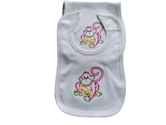 Custom Embroidered Matching Bib and Burp Cloth "Monkey Eats"