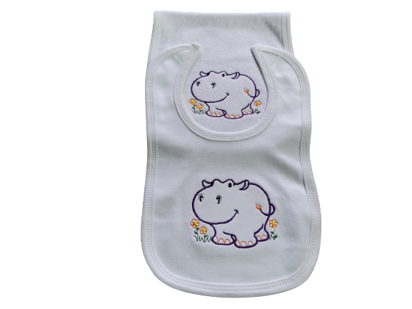 Custom Embroidered Matching Bib and Burp Cloth "Happy Hippo"