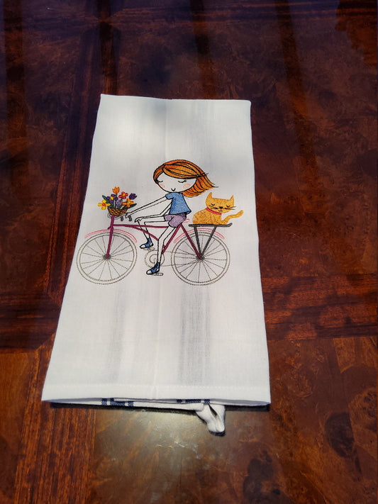 Dish Towel - "Girl on Bike with Kitty"