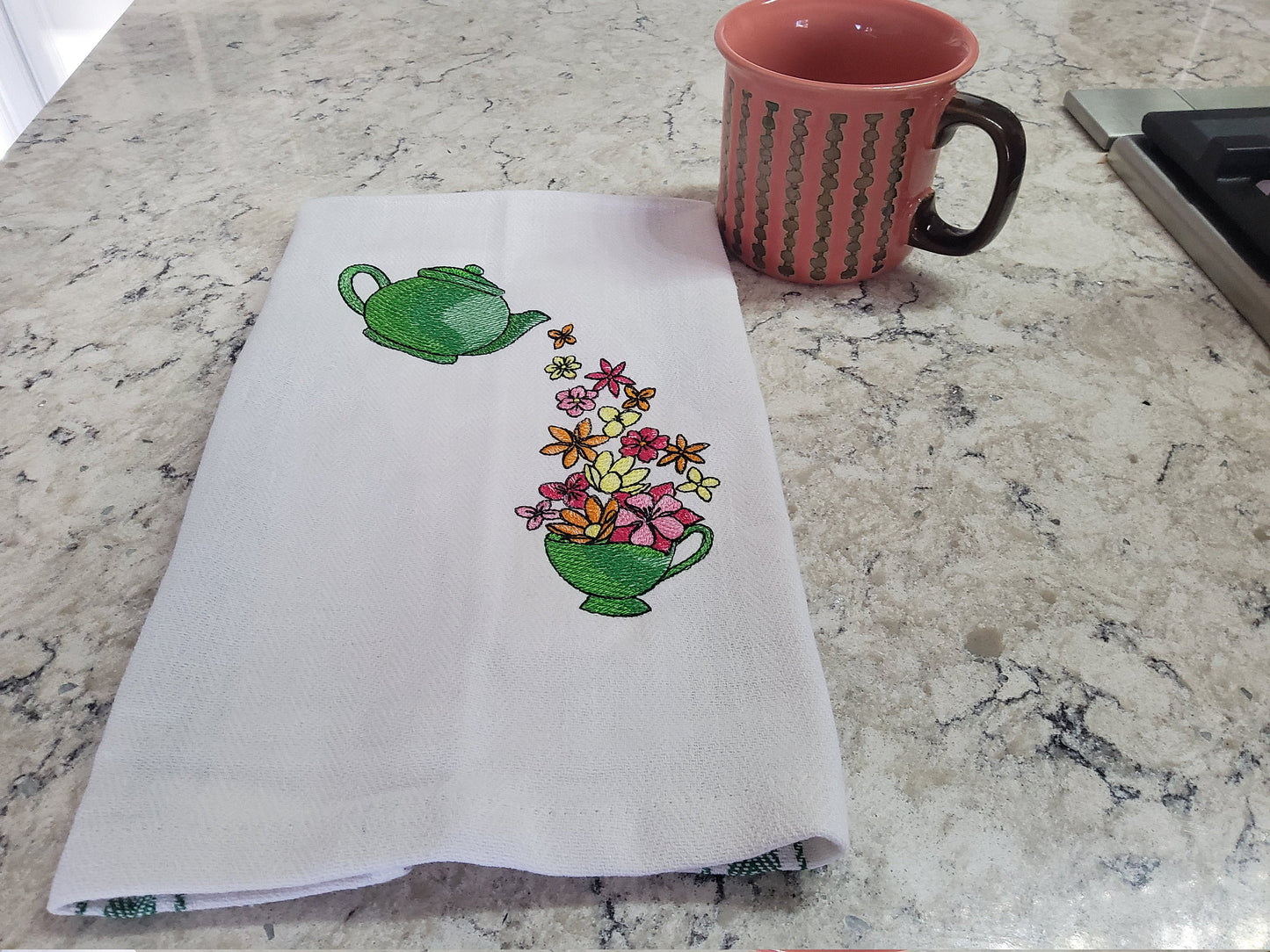 Dish Towel - "Teapot Pouring Flowers"