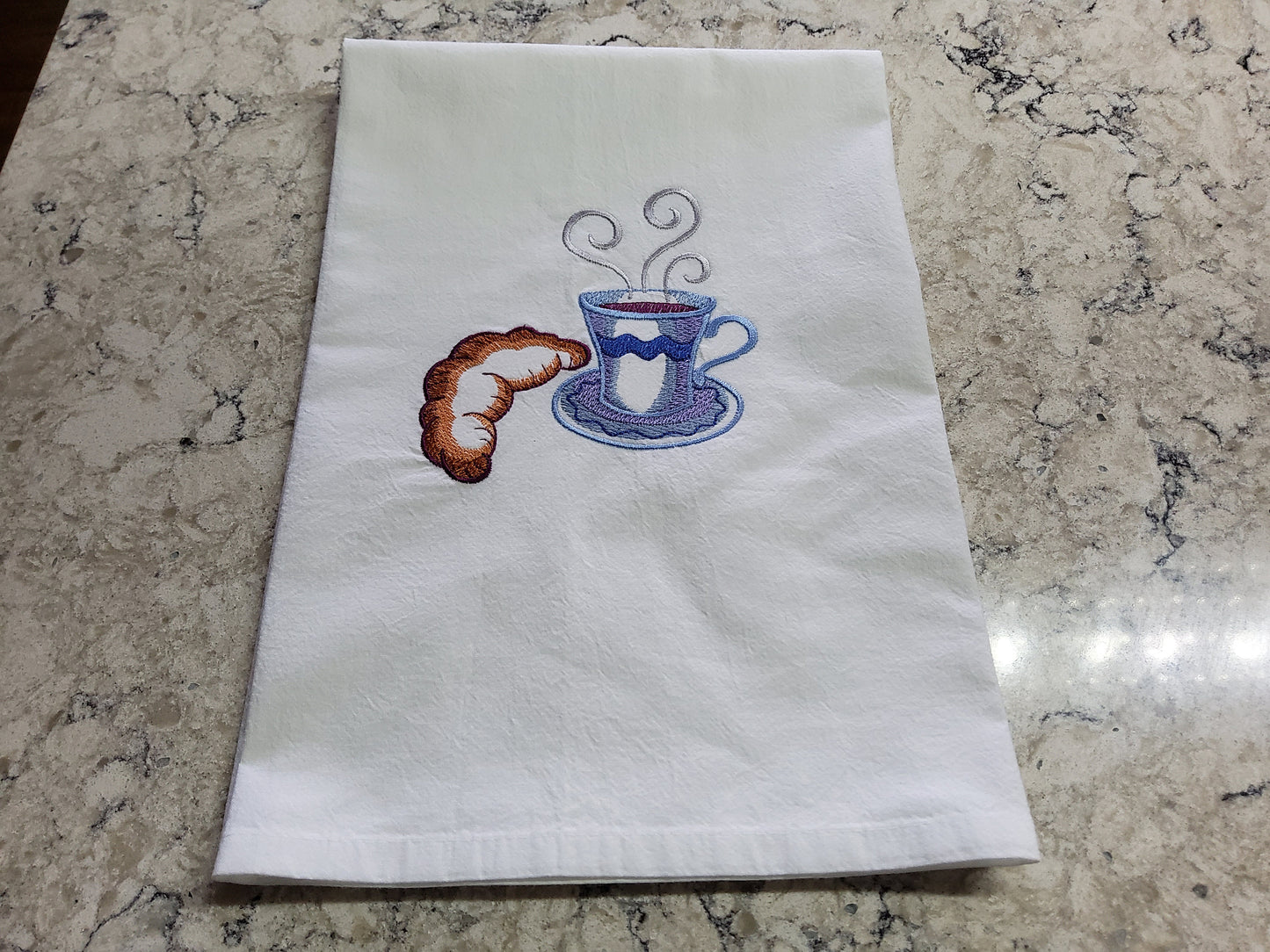 Custom Embroidered Flour Sack Dish Towel - "Coffee and Croissant"