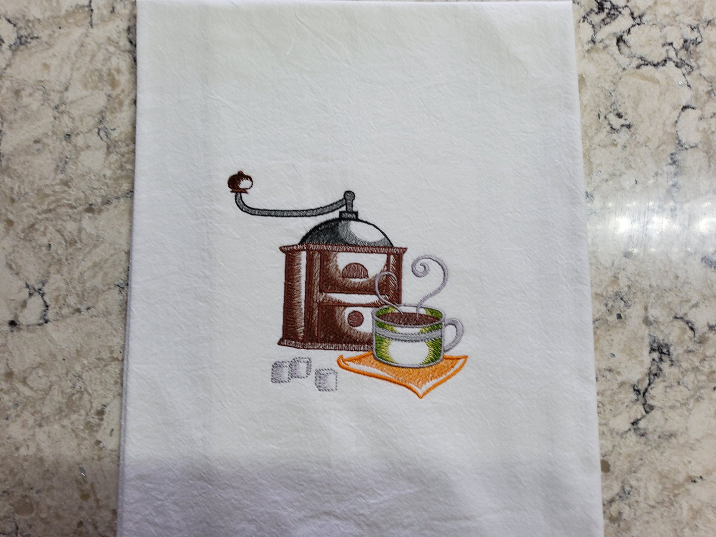 Custom Embroidered Flour Sack Dish Towel - "Hand Grinder For the Perfect Coffee"