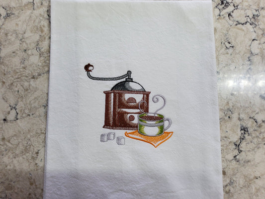 Custom Embroidered Flour Sack Dish Towel - "Hand Grinder For the Perfect Coffee"