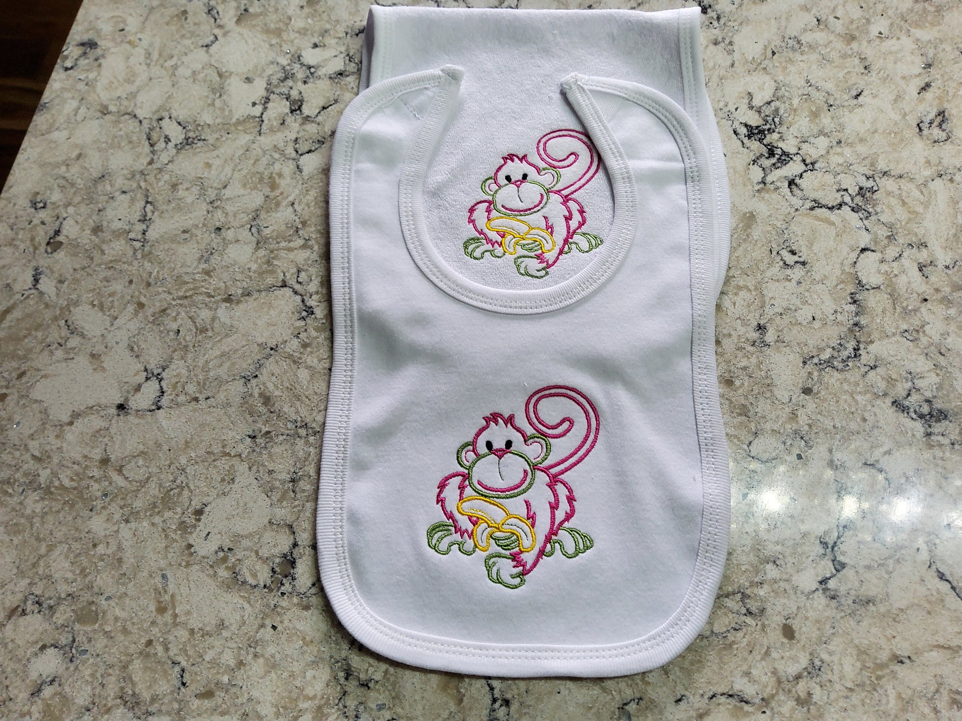 Custom Embroidered Matching Bib and Burp Cloth "Monkey Eats"