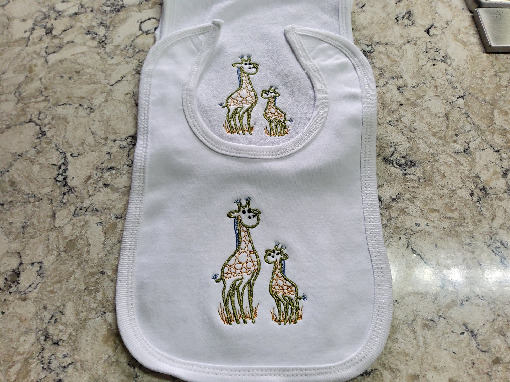 Custom Embroidered Matching Bib and Burp Cloth "'Mama and Me' Giraffes"