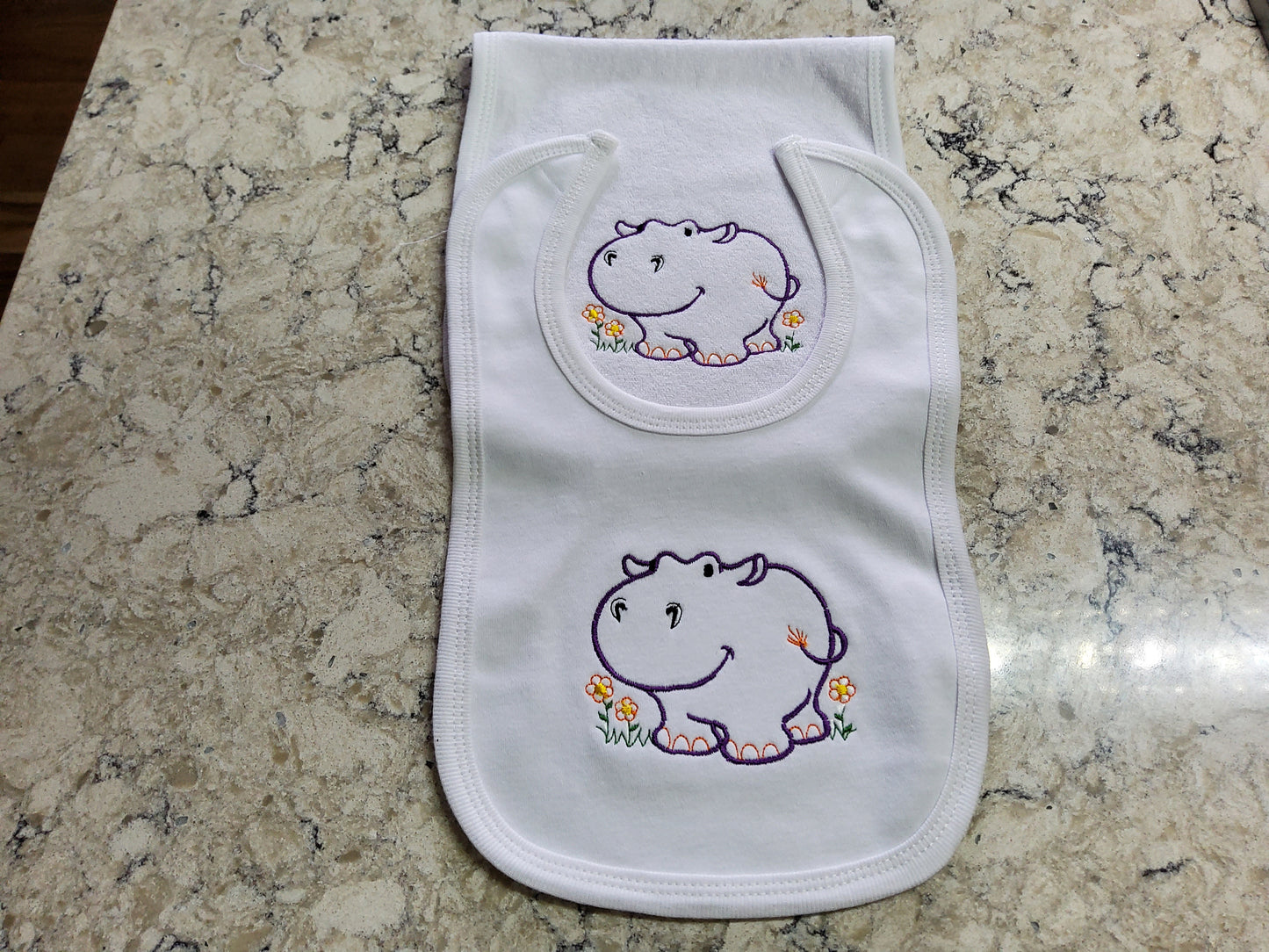 Custom Embroidered Matching Bib and Burp Cloth "Happy Hippo"