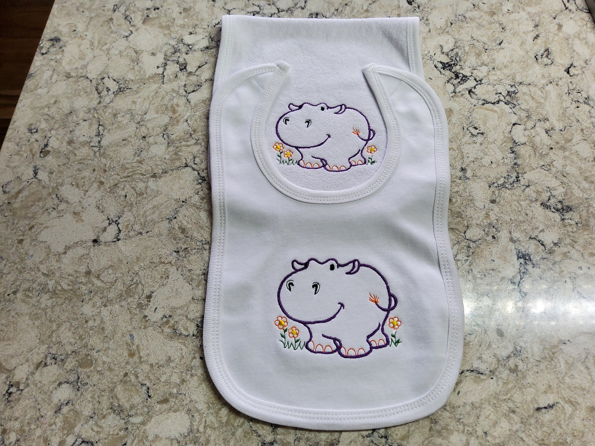Custom Embroidered Matching Bib and Burp Cloth "Happy Hippo"