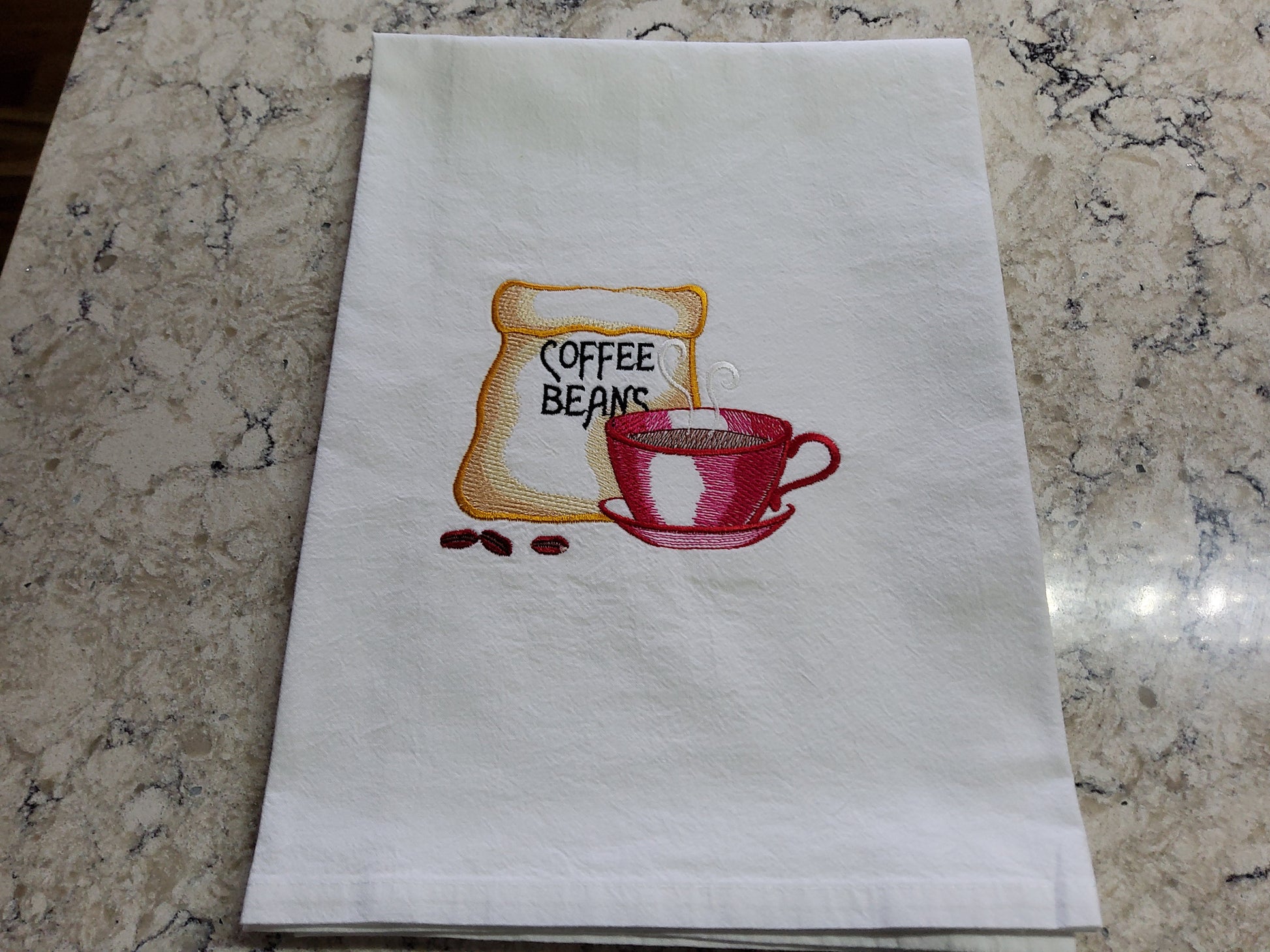 Custom Embroidered Flour Sack Dish Towel - "Coffee In My Favorite Cup""