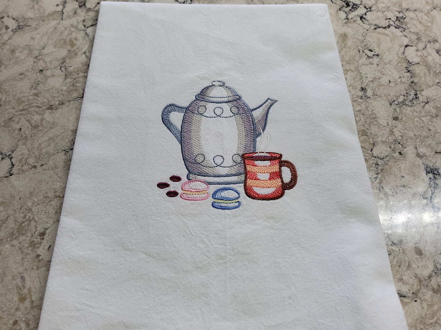 Custom Embroidered Flour Sack Dish Towel - "Coffee and a Bite to Eat"""