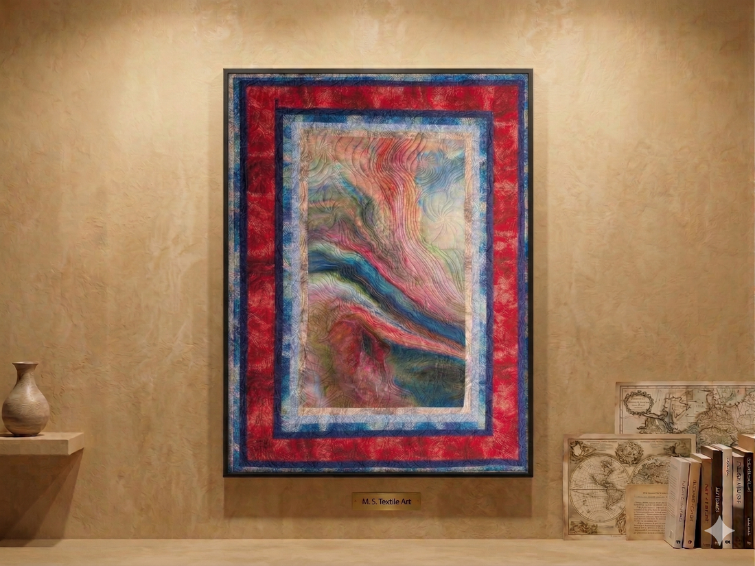 A vertical framed fiber art quilt titled "Primordial," featuring an abstract central panel with swirling, textured thread-work in teals, pinks, and deep blues, surrounded by bold red and navy patterned fabric borders.