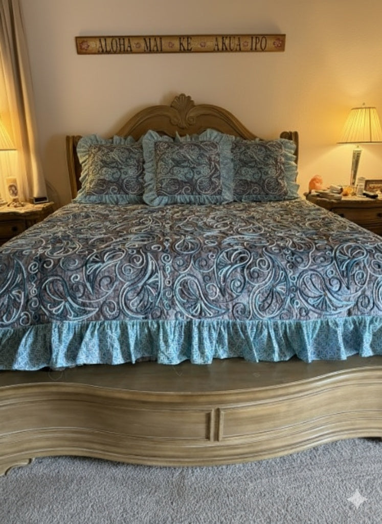 Custom king duvet cover with blue paisley couching by Desi's Threads
