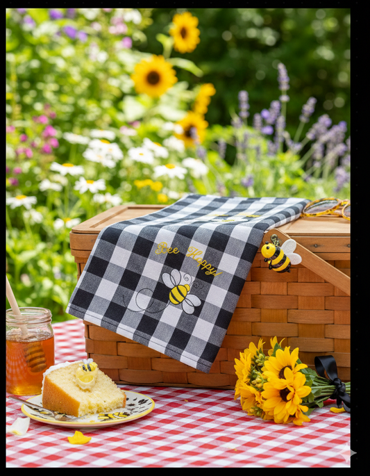 Custom Embroidered Buffalo Check Dish Towel - "Bee Happy"