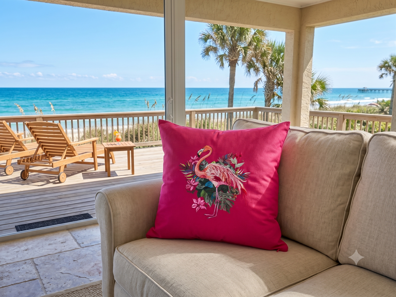 Tropical Flamingo Embroidered Pillow Cover