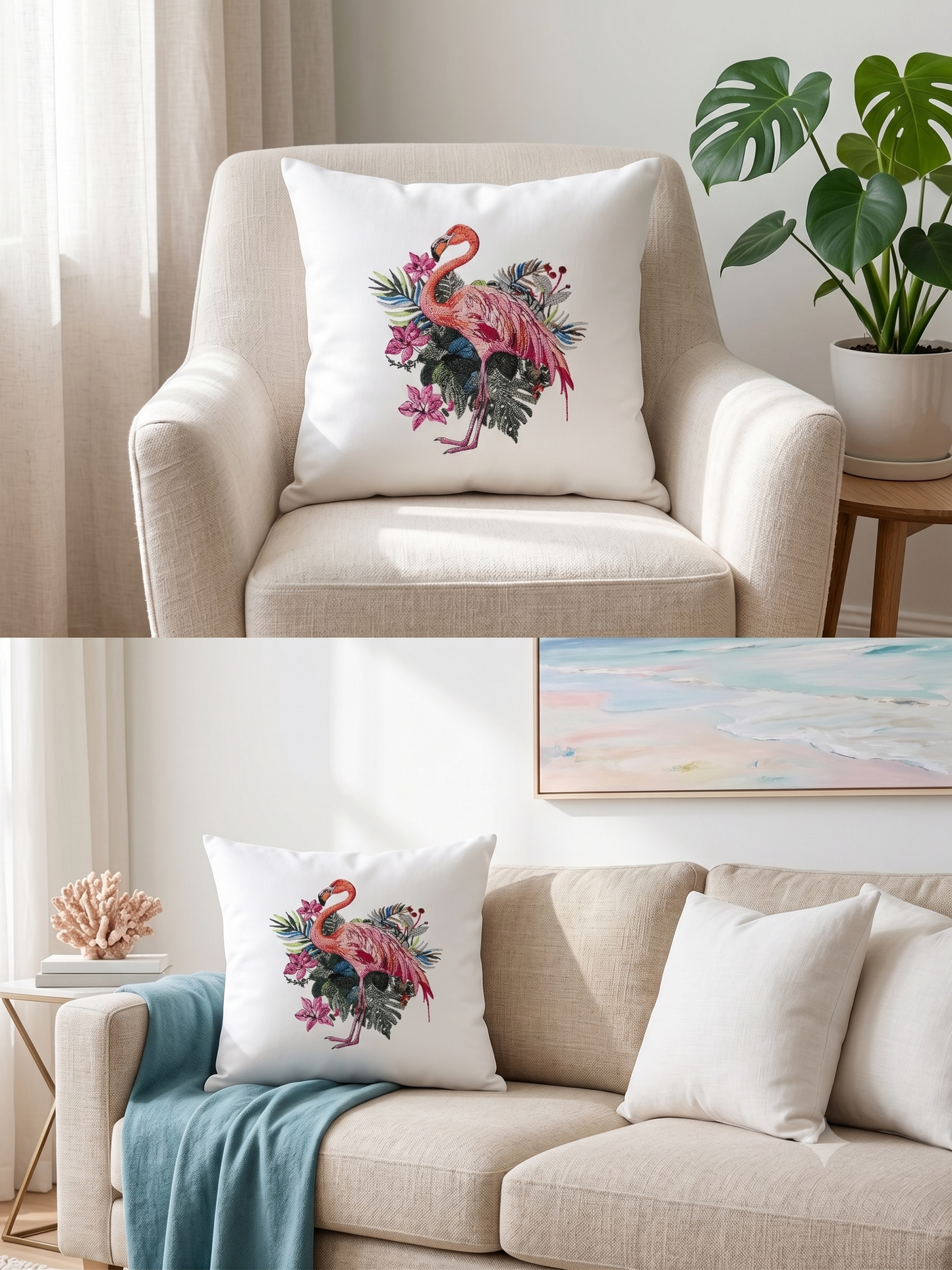 Tropical Flamingo Embroidered Pillow Cover