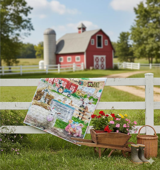 Mooove over bedtime blues! This 100% cotton quilt welcomes your little one to the Funny Farm!