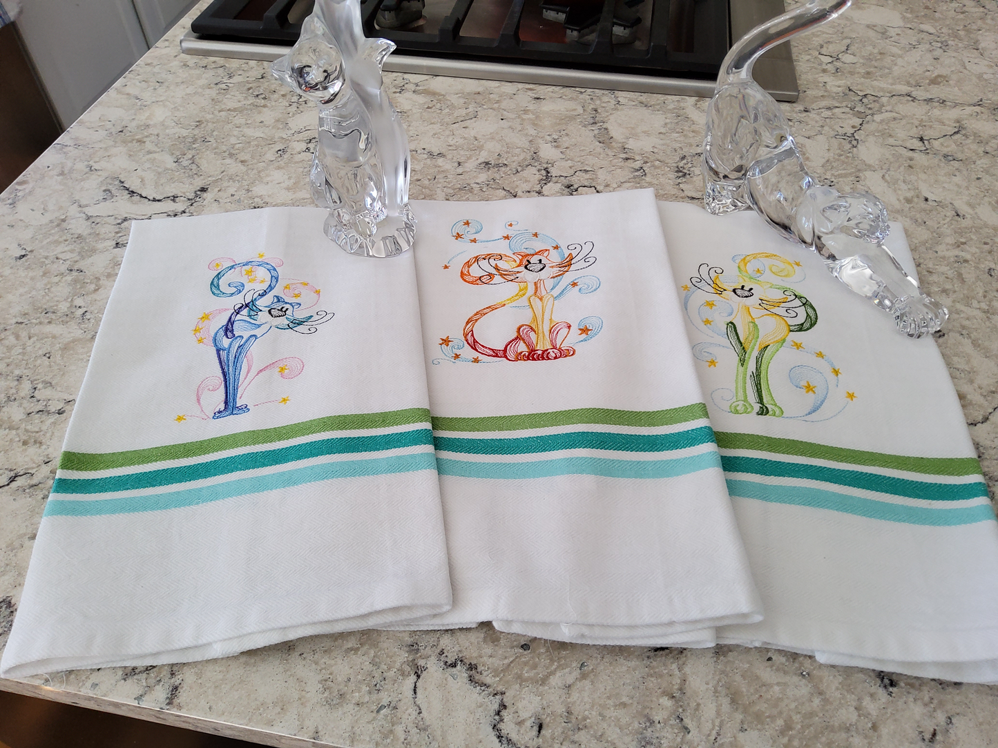 Cats! Custom Embroidered Cat Dishtowels Green Striped