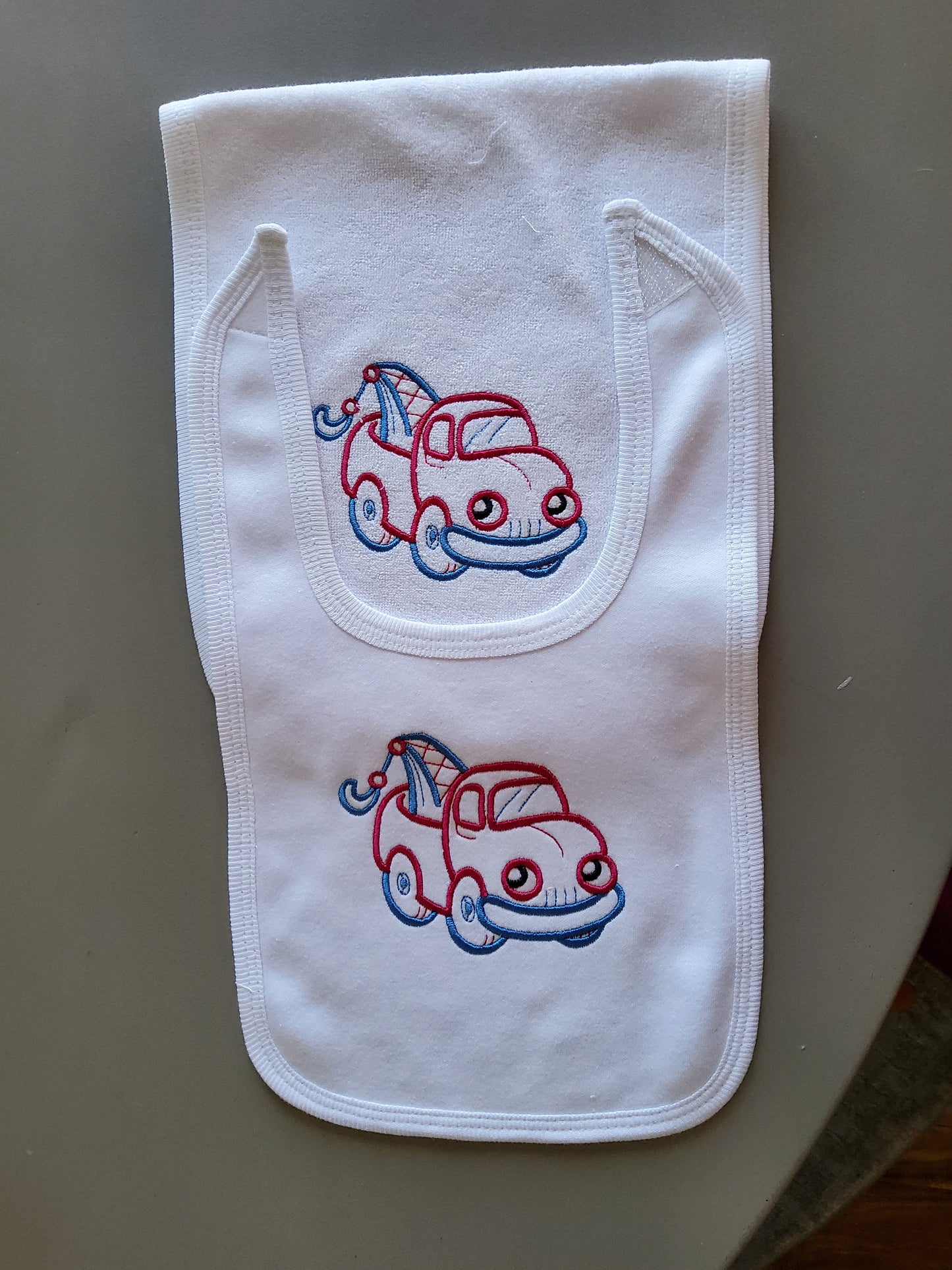 Happy Tow Truck Custom Embroidered Matching Bib and Burp Cloth