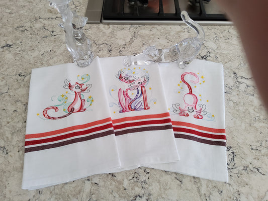Cats! Custom Embroidered Cat Dishtowels Red Stripes