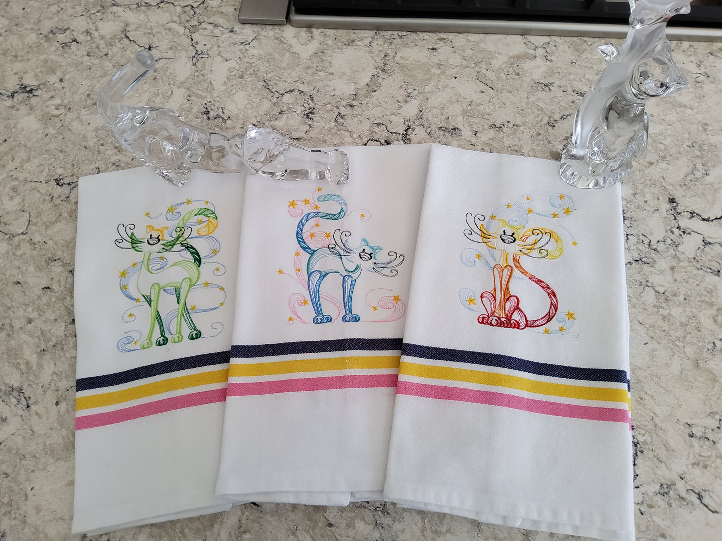 Cats! Custom Embroidered Cat Dishtowels Multi-Striped