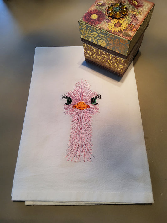 Custom Embroidered Flour Sack Dish Towel - "Lady Ostrich"