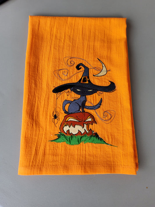 Spooky Cattitude Halloween Themed Embroidered Flour Sack Dish Towel