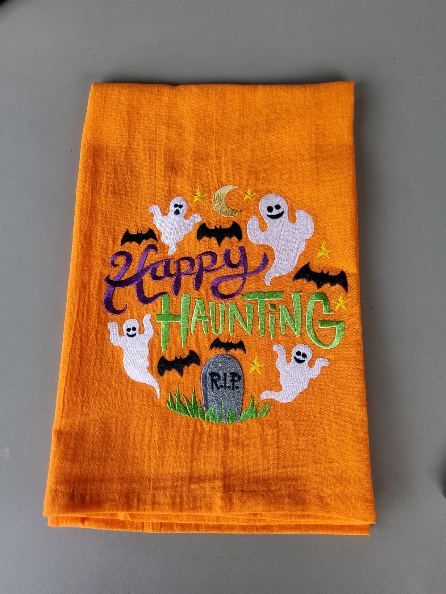 Happy Haunting Custom Embroidered Halloween Flour Sack Dish Towel