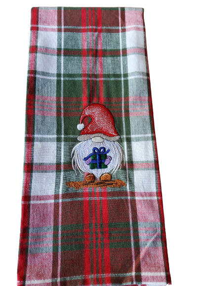 Christmas Gnome Complete with Present Custom Embroidered Dish Towel