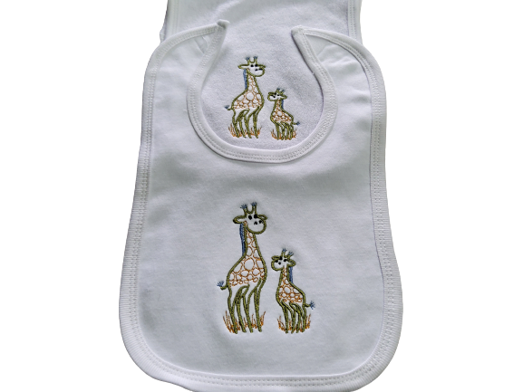 Custom Embroidered Matching Bib and Burp Cloth "'Mama and Me' Giraffes"