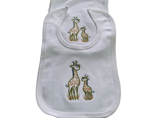 Custom Embroidered Matching Bib and Burp Cloth "'Mama and Me' Giraffes"