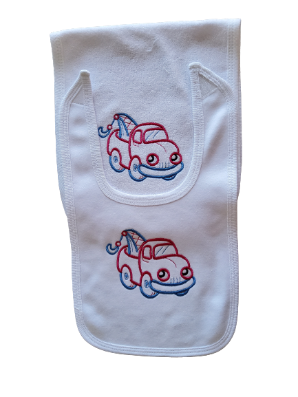 Happy Tow Truck Custom Embroidered Matching Bib and Burp Cloth
