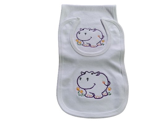 Custom Embroidered Matching Bib and Burp Cloth "Happy Hippo"