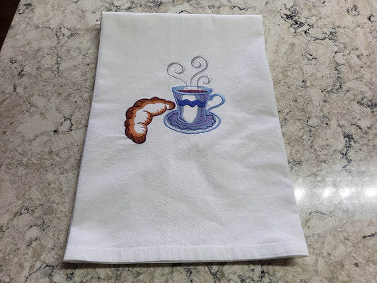 Custom Embroidered Flour Sack Dish Towel - &quot;Coffee and Croissant&quot;