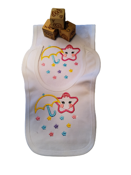 Custom Embroidered Matching Bib and Burp Cloth "'Stars and Umbrella"